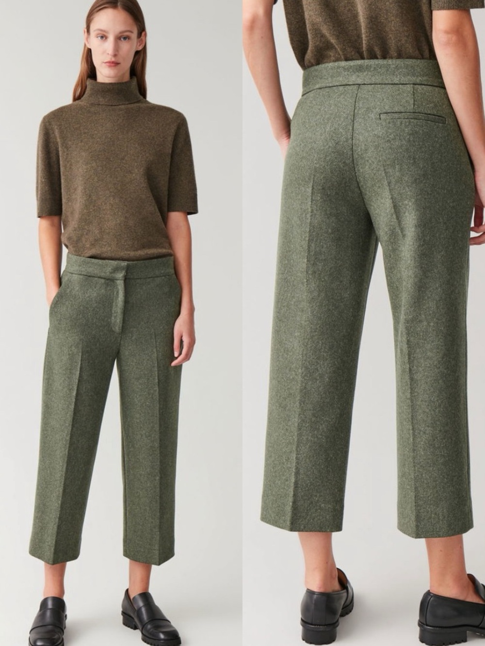 COS Wool Green Pleated Cropped Trousers Pants
